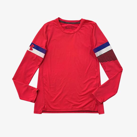 Under Armour T Shirt Youth L Large Red Fitted Long Sleeve Performance HeatGear - Picture 1 of 9
